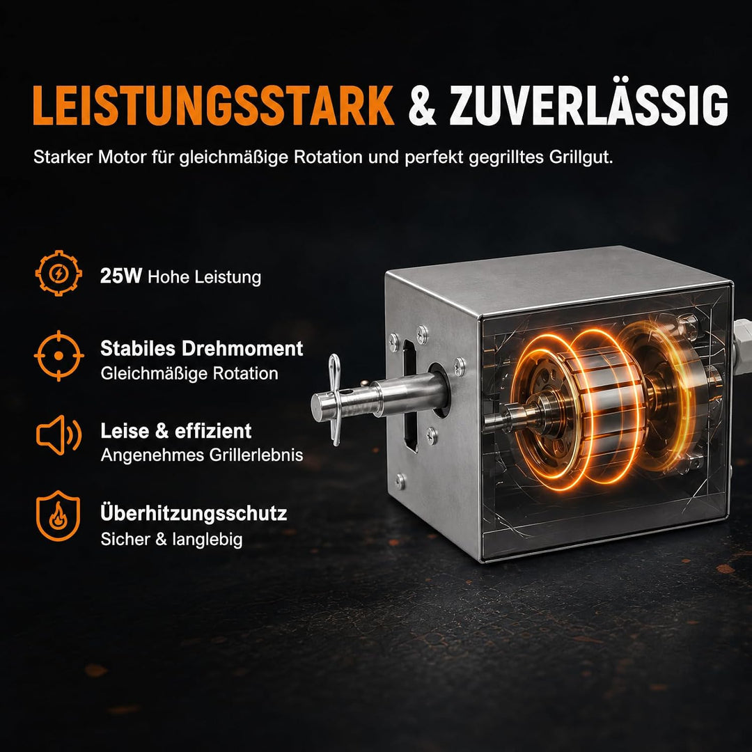 Grillmotor für Grillspiess, 25 W Edelstahl, bis 100kg | Hohem Drehmoment, Effiziente Wärmeableitung,