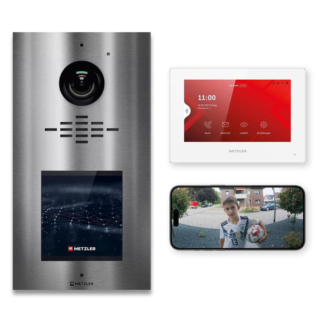 Metzler® Video Türsprechanlage mit Touchscreen-Display und HD-Kamera Edelstahl gebürstet 146° Weitwi
