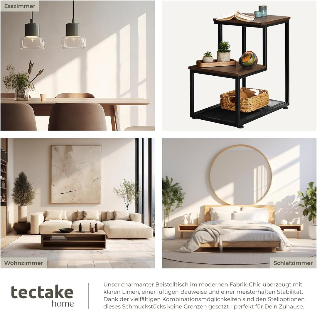 tectake Beistelltisch aus Holz und Metall, Industrial Design, Couchtisch mit 3 Ebenen, Gitterablage