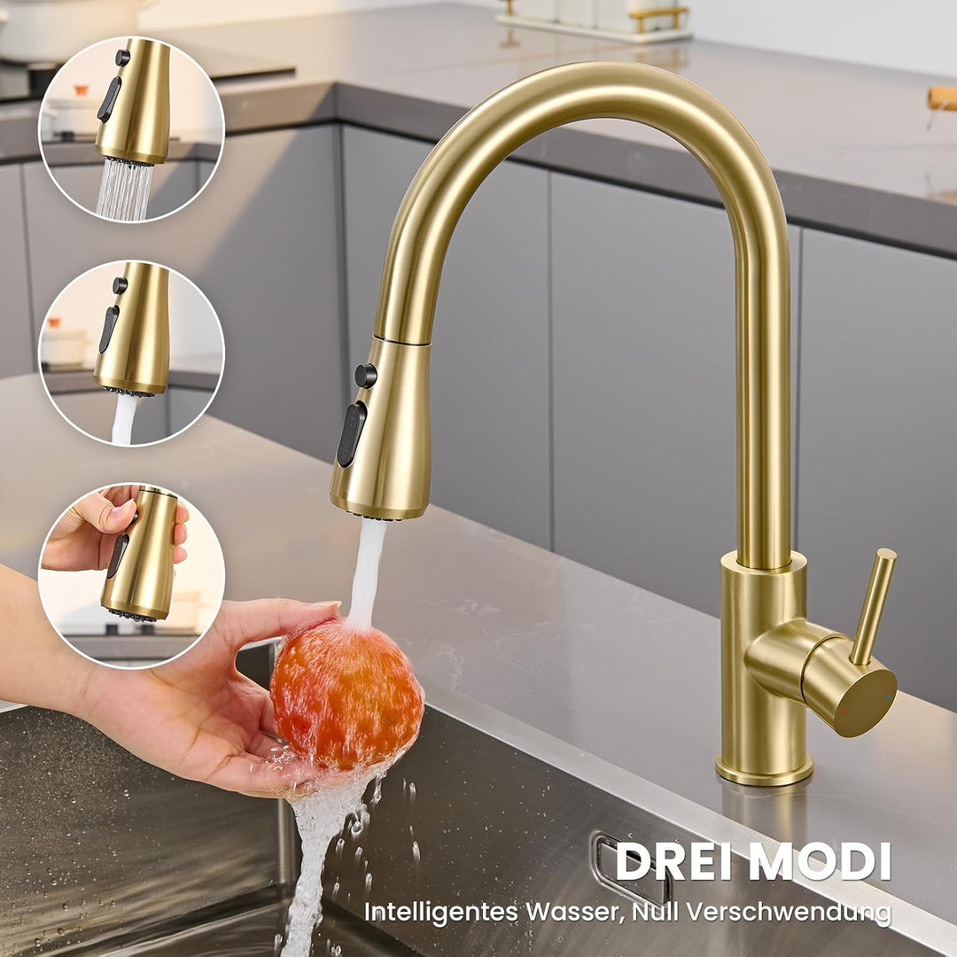 Wasserhahn küche mit Ausziehbar Hochdruck fur Spüle - Küchenarmatur Gold mit Brause - Edelstahl Arma