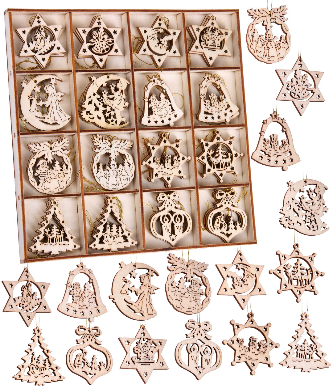 BRUBAKER 48-TLG. Weihnachtsanhänger Set - Baumschmuck aus Holz 3-4 cm - Sterne Tannenbaum Weihnachts