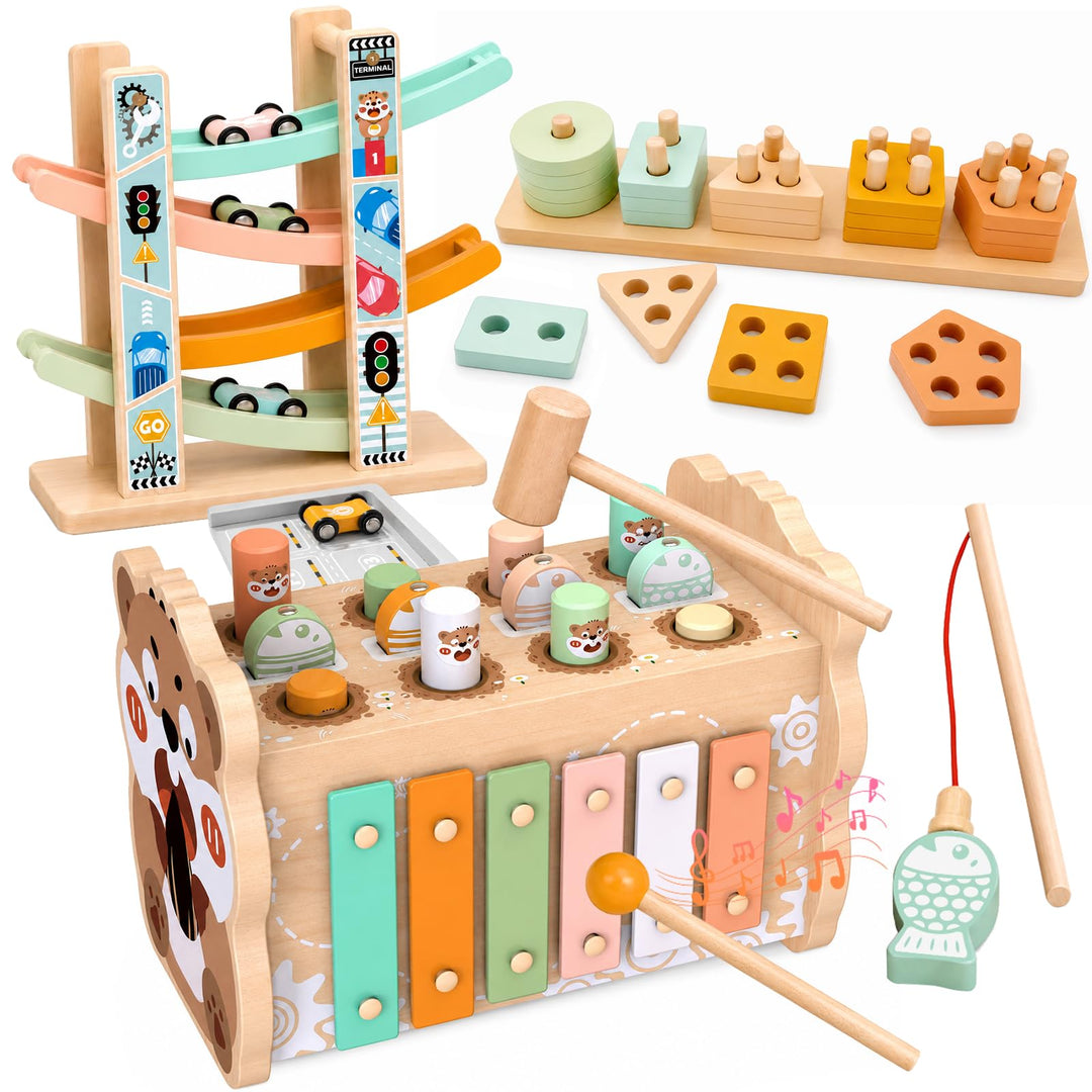 Holz Montessori Spielzeug für Kleinkinder 1-3 Jahre, Baby Hammerbank mit Xylophon &amp; Angelspiel, Auto