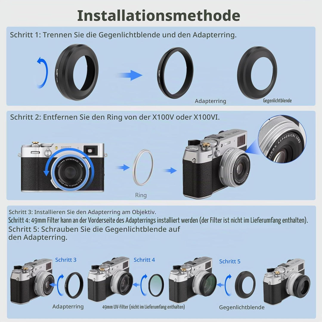 Haoge LH-X51B 2in1 Ultradünne Metall Gegenlichtblende Sonnenblende mit 49mm Adapterring für Fujifilm