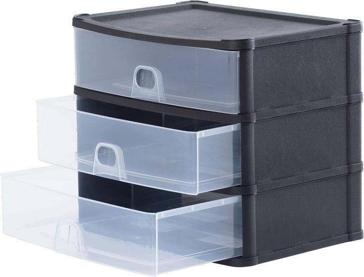 Schubladenbox mit 3 Schubladen 33x25x29cm DINA4 schwarz-transparent Drawer 3 hohe Schubladen, 3 hohe