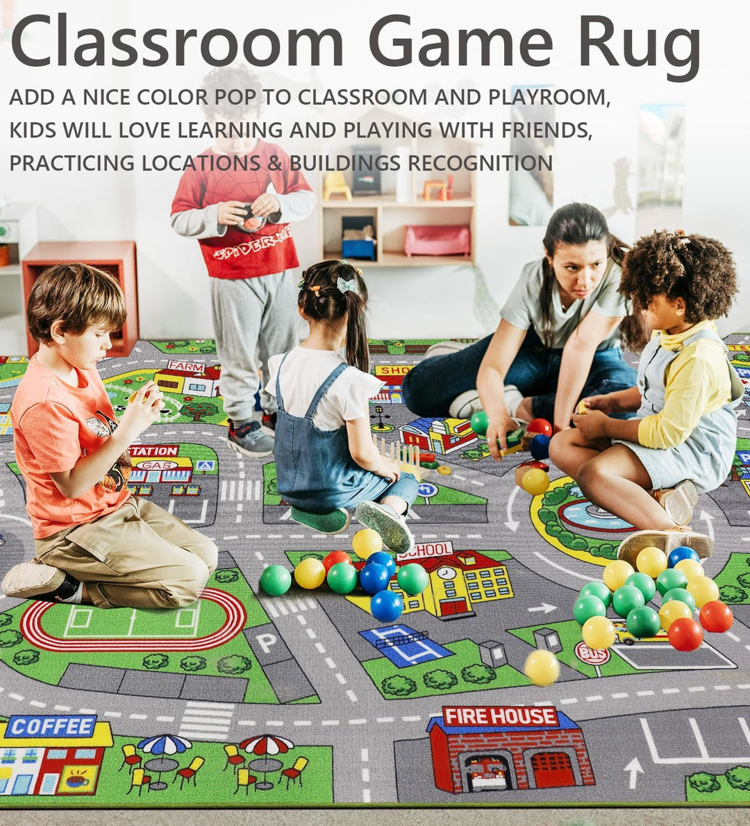 Capslpad Autoteppich Kinder 200x300cm rutschfest Kinderteppich Stadtplan Interaktiver Spielteppich W