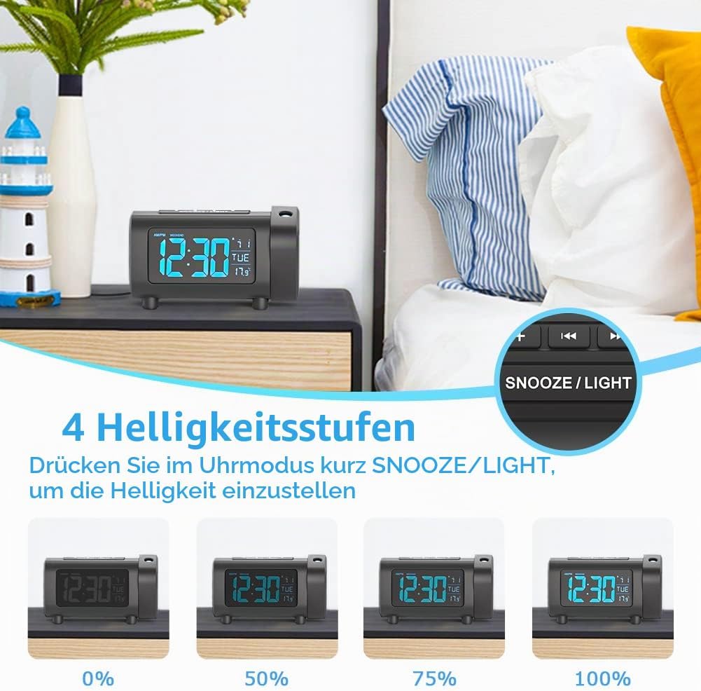 LIORQUE Projektionswecker Radiowecker Digital Wecker mit Radio Snooze Wochenendmodus Temperatur USB