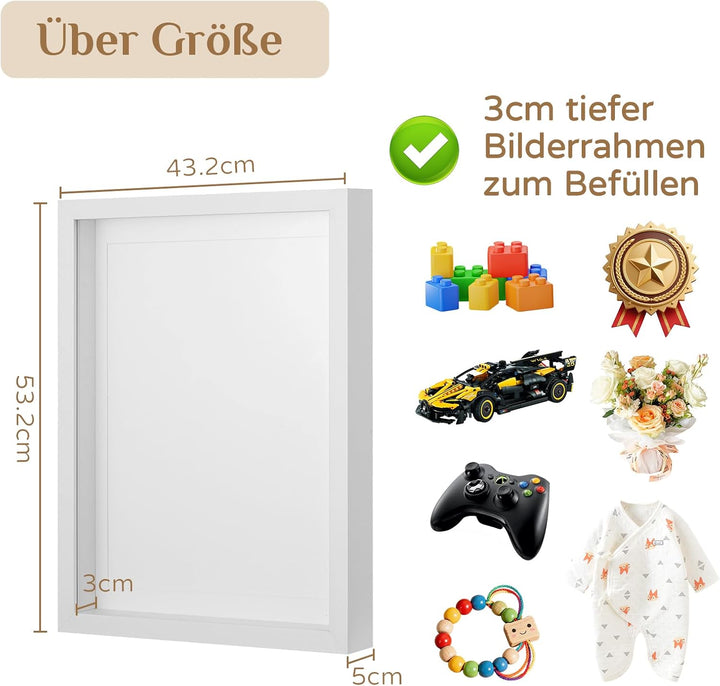3d Bilderrahmen zum Befüllen Gross: 3 cm Tiefer Rahmen 40x50 Weiss für Gegenstände Geschenk - Dicker