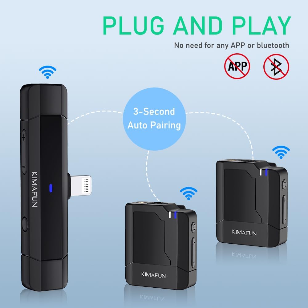 KIMAFUN 2.4G Drahtloses Lavalier Mikrofon für i_Phone, Kabelloses Ansteckmikrofon Wireless Echtzeitü