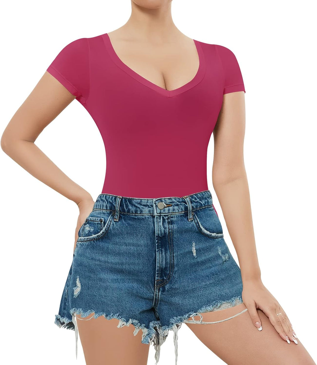 RoomTour Body Damen Elegant Kurz Bodysuit Tops Damenbody for damen Stringbody V Kragen, XS 2-Rot
