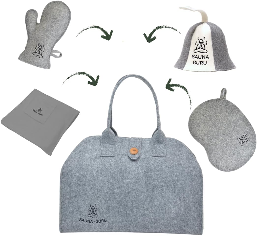Sauna-Zubehör-Set – Woll-Banja-Hut, Kilt-Handtuch, Aufbewahrungstasche, Filzhandschuh &amp; Sitzkissen –