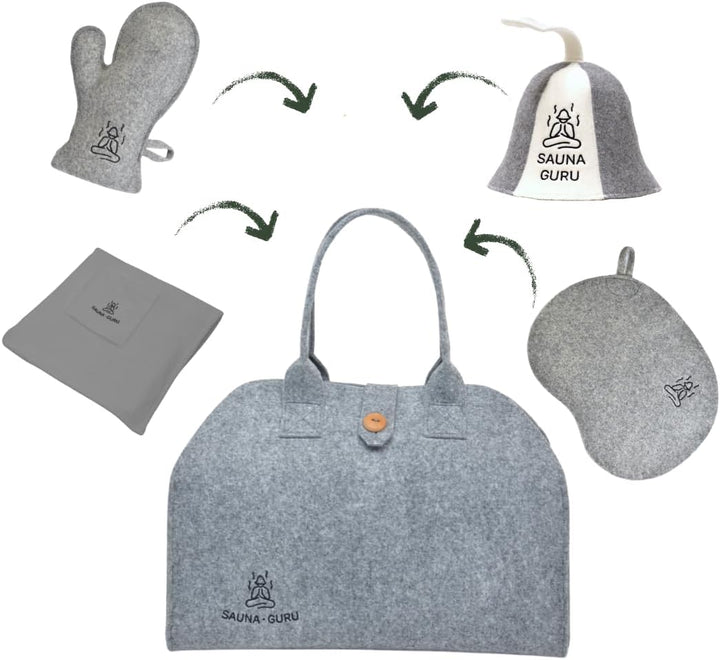 Sauna-Zubehör-Set – Woll-Banja-Hut, Kilt-Handtuch, Aufbewahrungstasche, Filzhandschuh &amp; Sitzkissen –