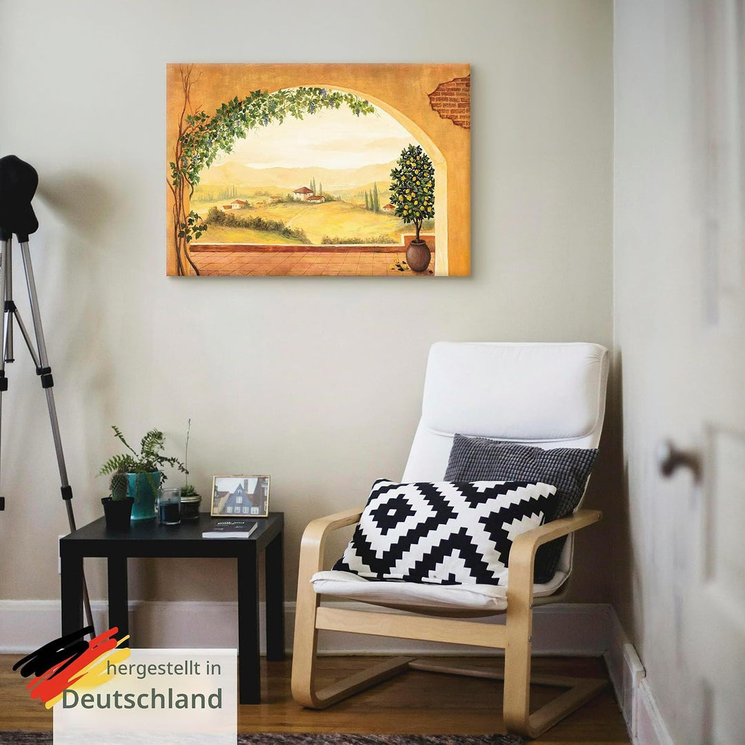 Artland Leinwandbild Wandbild Bild auf Leinwand 100x70 cm Wanddeko Fensterblick Fenster Toskana Land