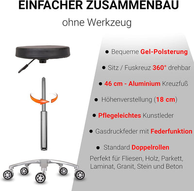 Staboos Rollhocker bis 160 kg - Gel-Polster Sitz rund - Praxishocker mit Rollen - Drehhocker höhenve