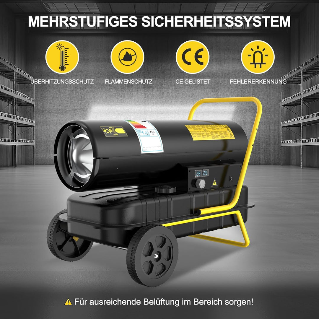 30 kW Heizkanone Diesel Bautrockner, Grosstank Bauheizer, 750 m³/h Heizgebläse mit Thermostat, Ölbeh
