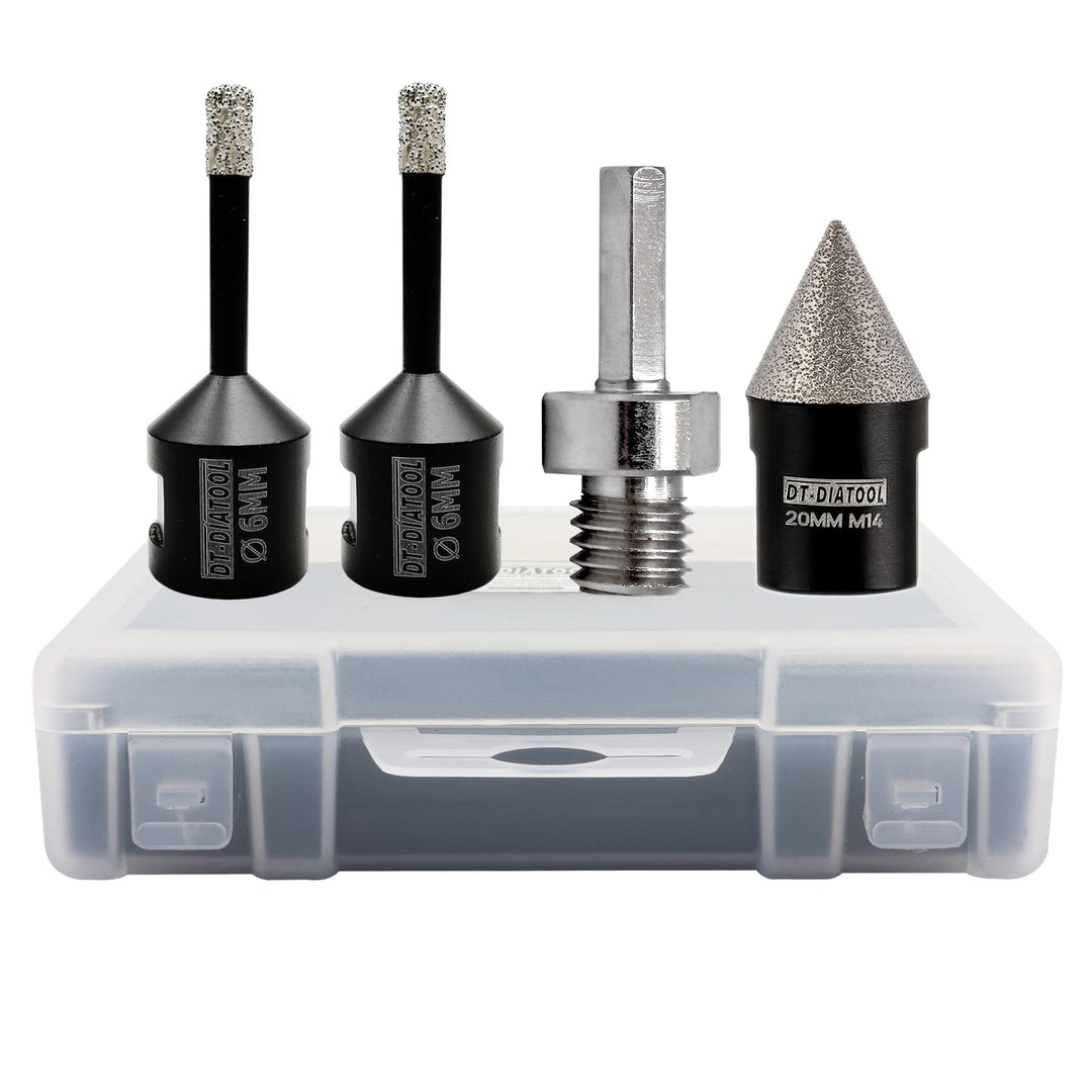 DT-DIATOOL Diamant-Bohrer-Set 6/6mm und 20mm Diamant-Fasenbohrer mit Sechskantadapter für Porzellan