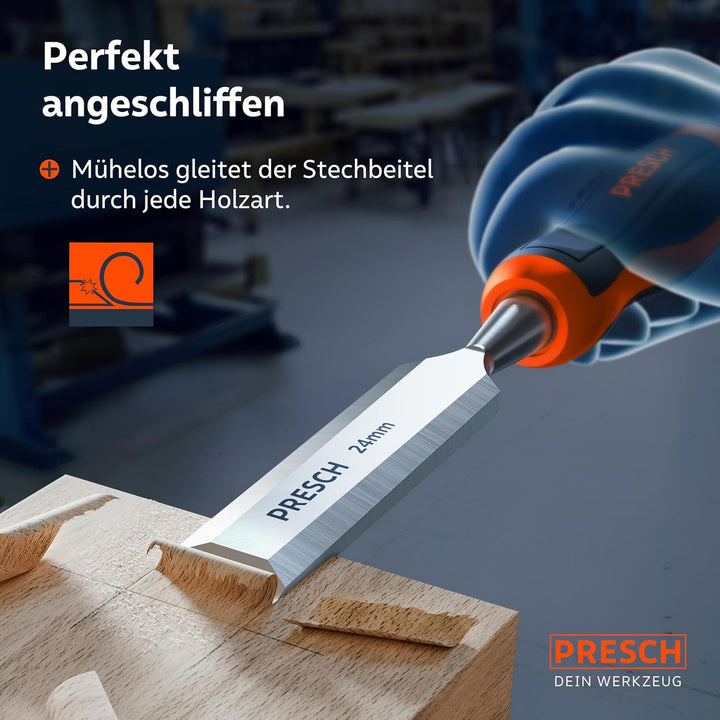 Presch Stechbeitel Set für Holz 10tlg. inkl. Tasche - Fertig geschliffene Stemmeisen (6, 10, 12, 16,