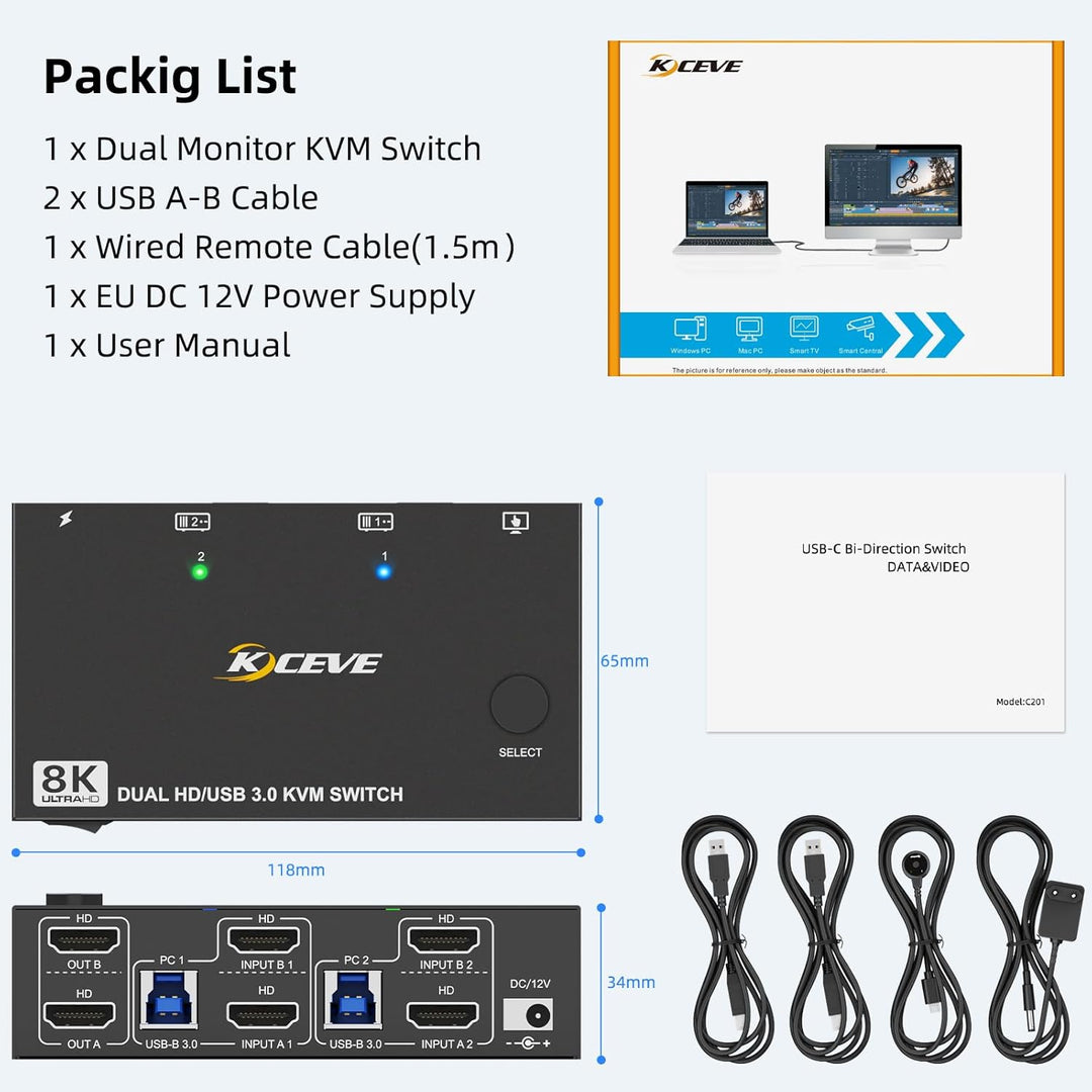 KVM Switch 2 PC 2 Monitore HDMI 8K@60Hz 4K@120Hz, USB 3.0 KVM Switch Dual Monitor HDMI 2.1 Teilen 4