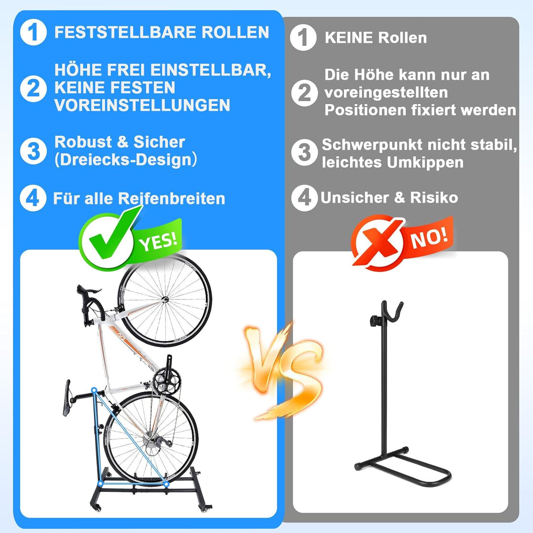 Vertikaler Fahrradständer – Freistehender Fahrradhalter mit Rollen, Höhenverstellbar, Belastbar bis
