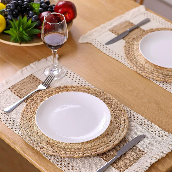 Zology Handgefertigte Boho Tischsets 4er Set - Natürliche Baumwolle Sackleinen und Wasser Stroh Gewe