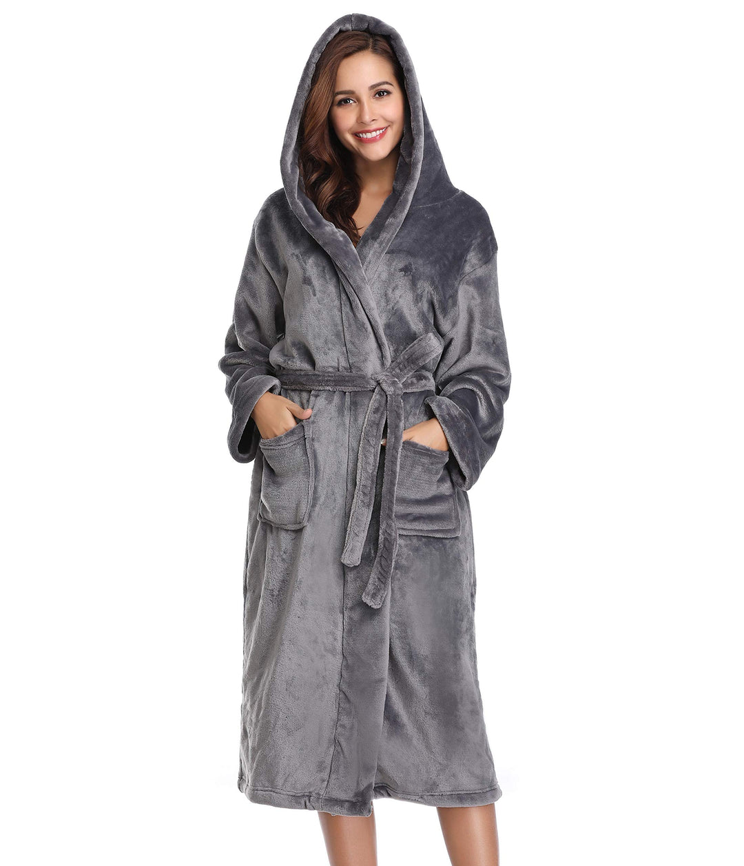 Vlazom Winter Bademantel weicher Flanell Bademantel Damen Saunamantel mit Kapuze Flauschiger Morgenm