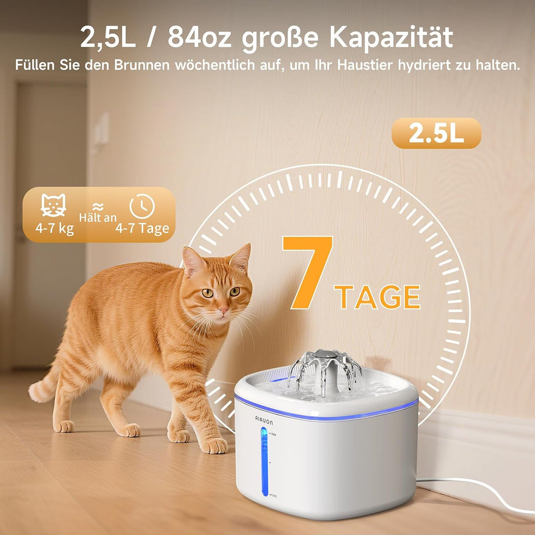 Trinkbrunnen für Katze, 2,5L Katzenbrunnen Leise mit 2 Ersatzfiltern und LED-Wasserstandsfenster für