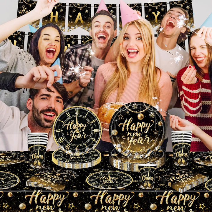 Antsparty 2025 Neujahr Partygeschirr für 24 Gäste, 98 Stück Silvester Partygeschirr mit Happy New Ye