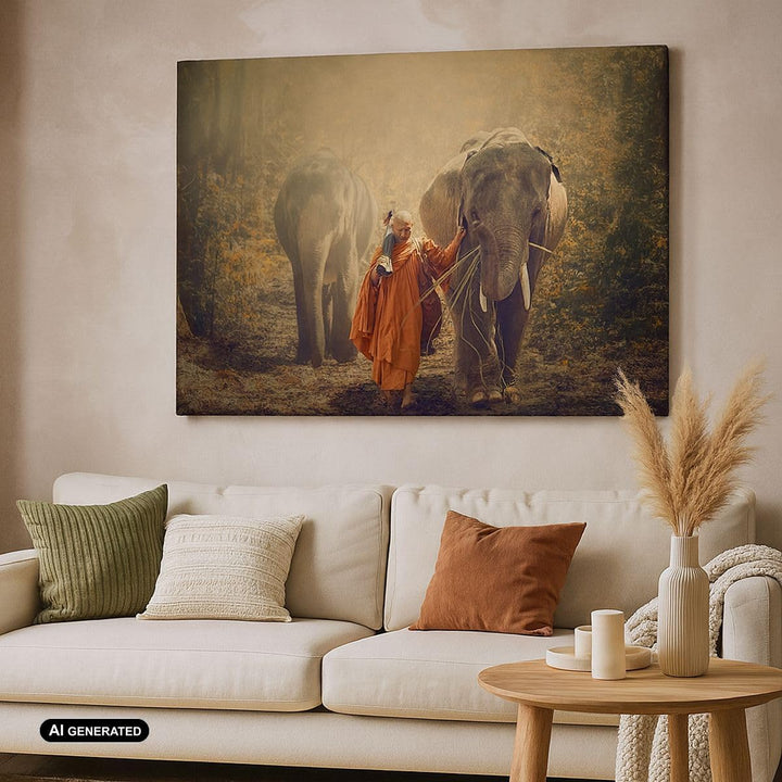 Bilder auf Leinwand 100x70cm Leinwandbild Elefant Mönch Dschungel Gross Wanddeko Bild Schlafzimmer K