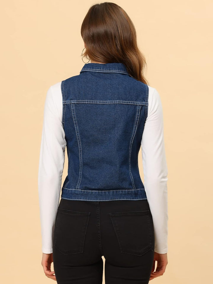 Allegra K Damen Denim Vest Collegejacke L Dunkelblau-1, L Dunkelblau-1