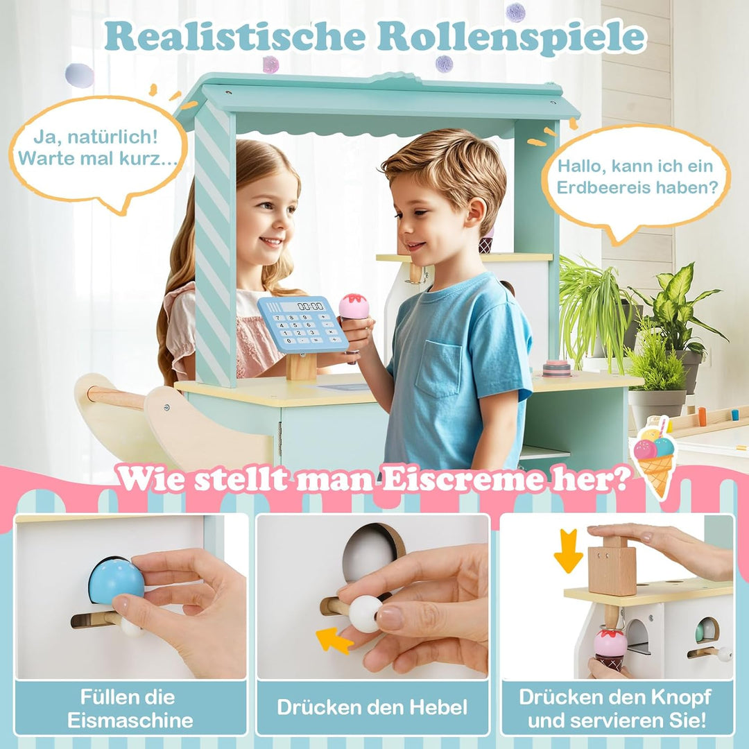DREAMADE Kinder Eiswagen mit 15 Zubehör, Kaufladen aus Holz mit 2 Rädern &amp; Markise, Eisstand Einkauf