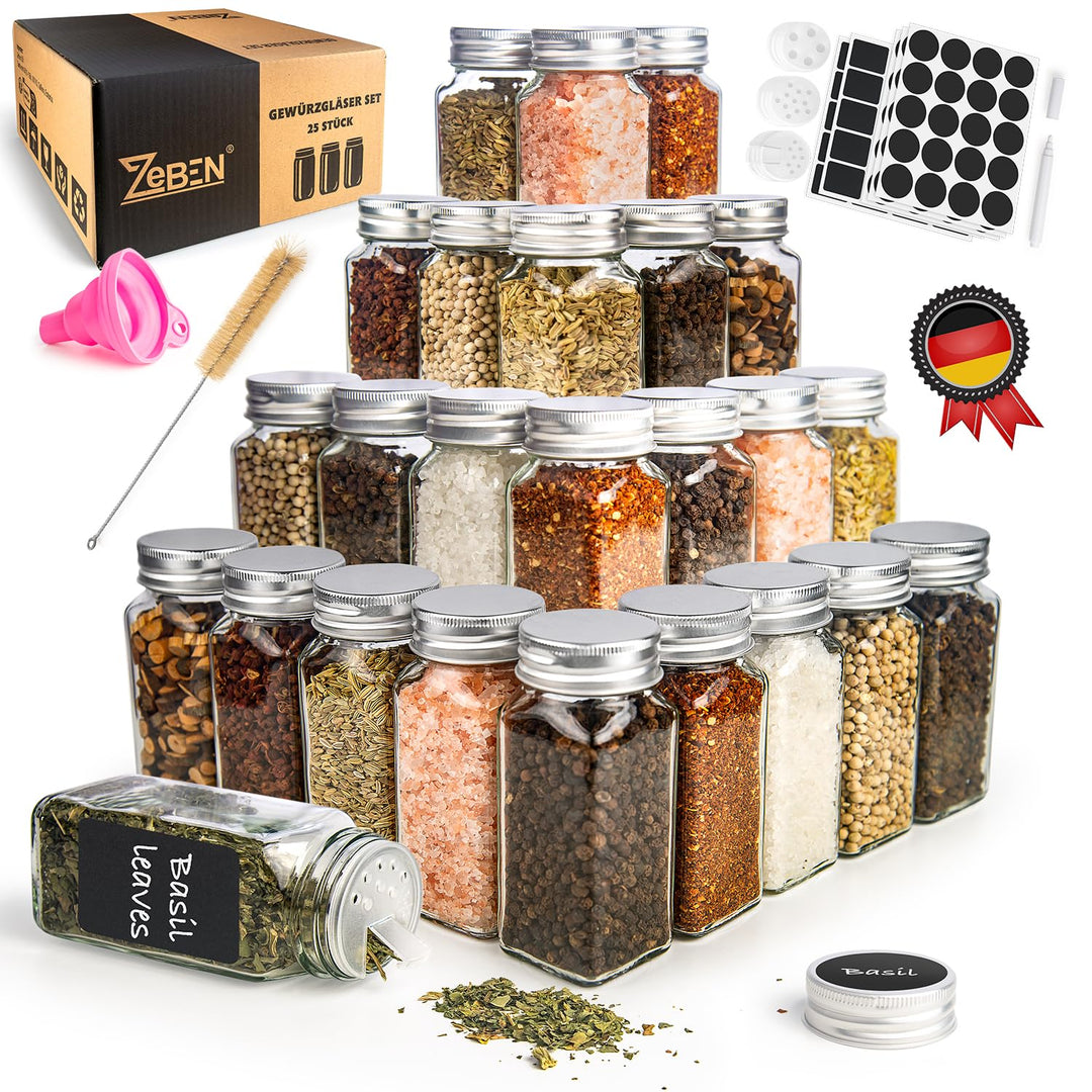 ZEBEN® Gewürzgläser eckig Set [25 Stk 120ml] Gewürzdosen Set Glas Gewurzglaserset Gewürzbehälter mit