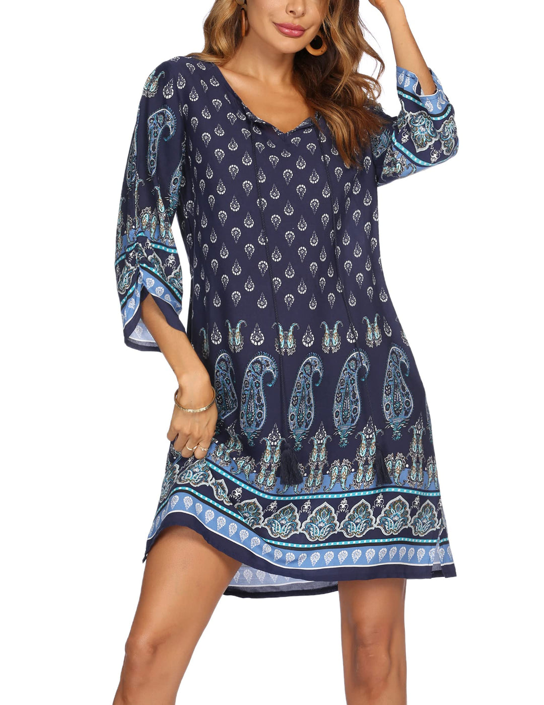 Beyove Damen Bohemian Tunika Kleid Strandkleid Sommerkleider Vintage Strandtunika 3/4-Arm Rundhals K