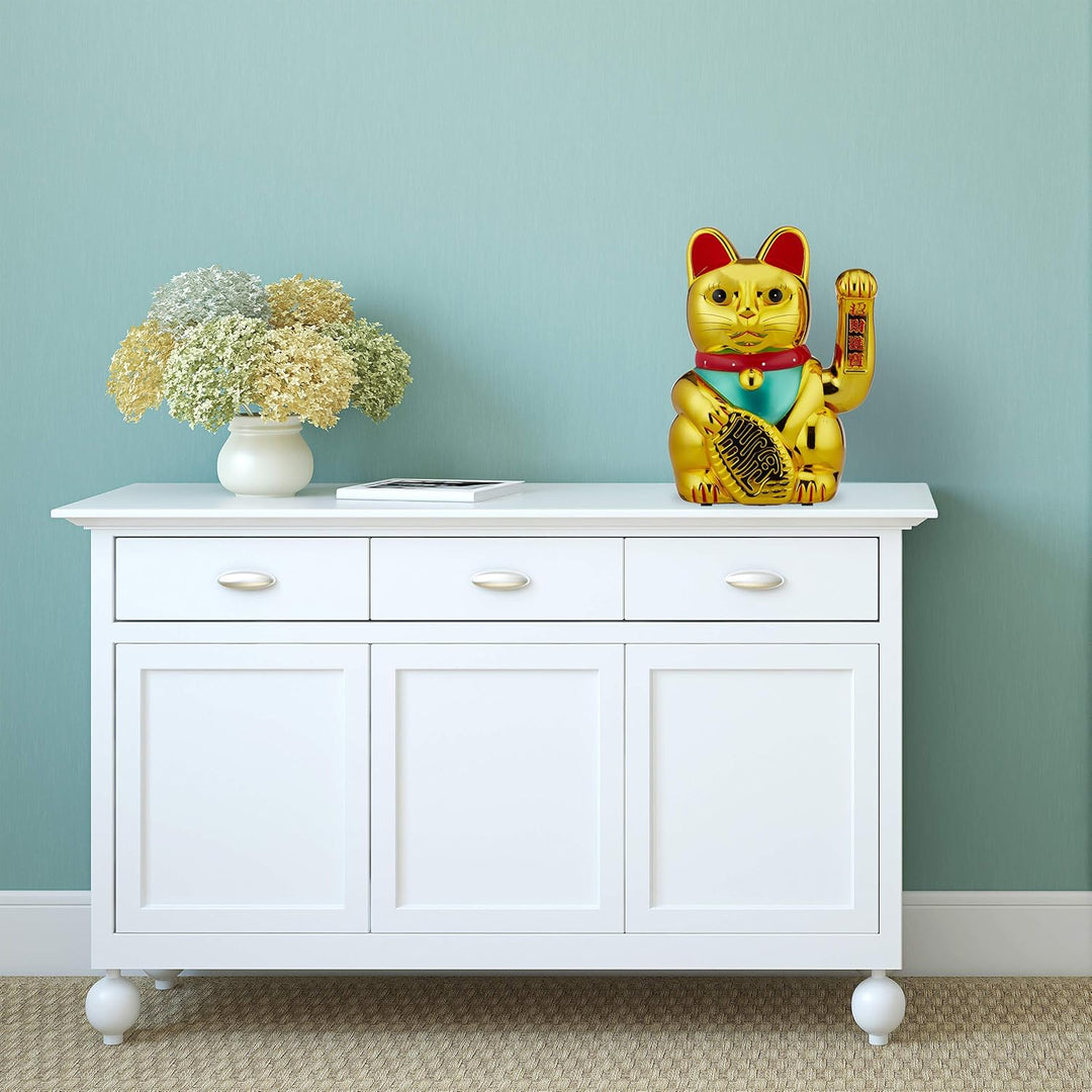 Relaxdays, gold Winkekatze, XL Maneki Neko, batteriebetriebene winkende Pfote, Glücksbringer für Rei