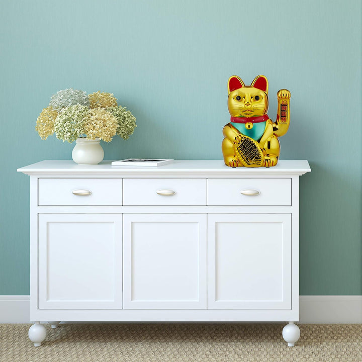 Relaxdays, gold Winkekatze, XL Maneki Neko, batteriebetriebene winkende Pfote, Glücksbringer für Rei