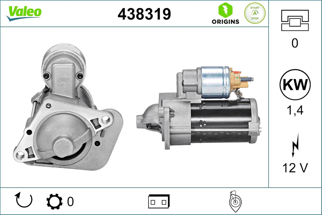 VALEO 438319 Starter Nennleistung: 1,4 kW Stop & Start: YES Zähnezahl: zähne Spannung: 12 V Drehrich