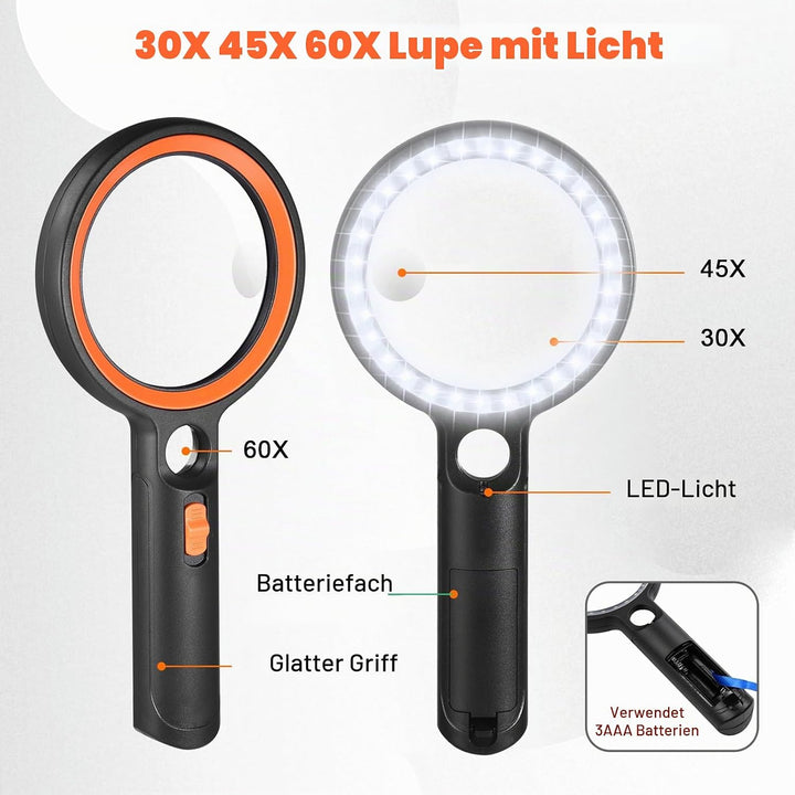 Lupe mit Licht mit 30 LED, 30X 45X 60X Leselupe mit Licht Gross, 30 Fach Vergrösserung Handlupe mit