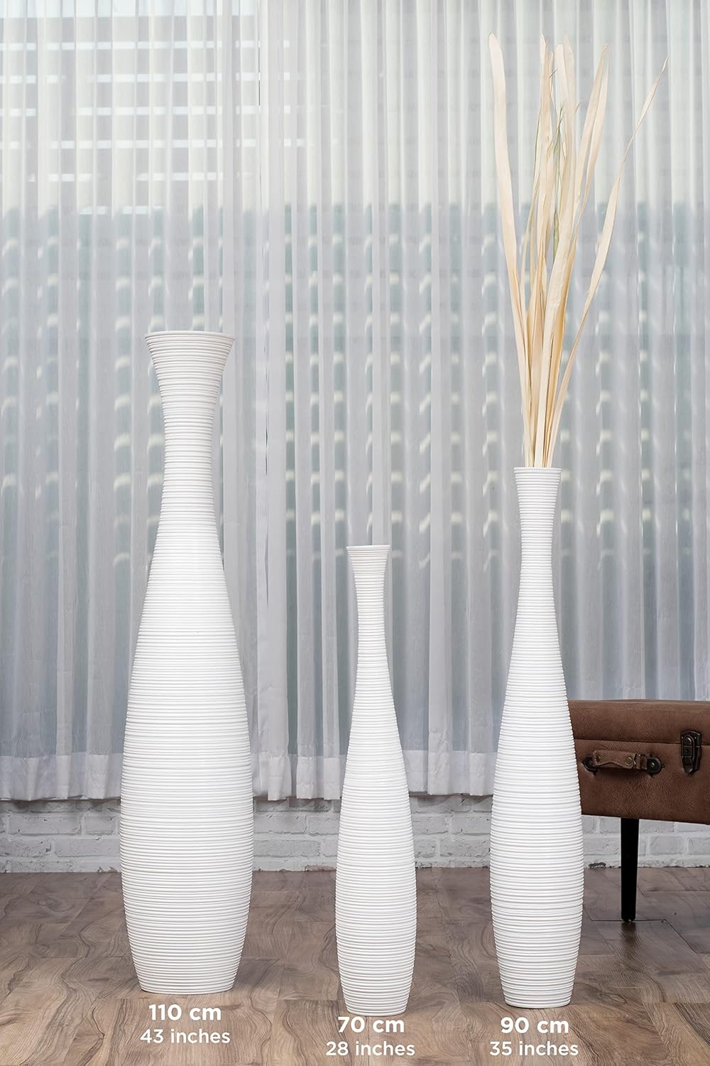 Leewadee Grosse Bodenvase für Dekozweige hohe Standvase Design Holzvase, Holz, 70 cm, Weiss 70 cm We