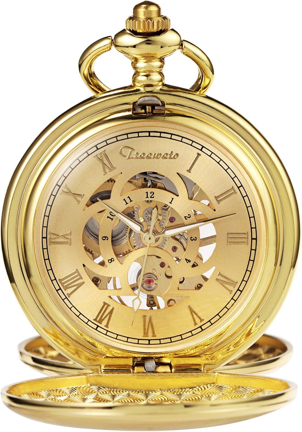 TREEWETO Taschenuhr Unisex Taschenuhr mit Kette Analog Mechanisch Handaufzug Doppelscharnier Antik R