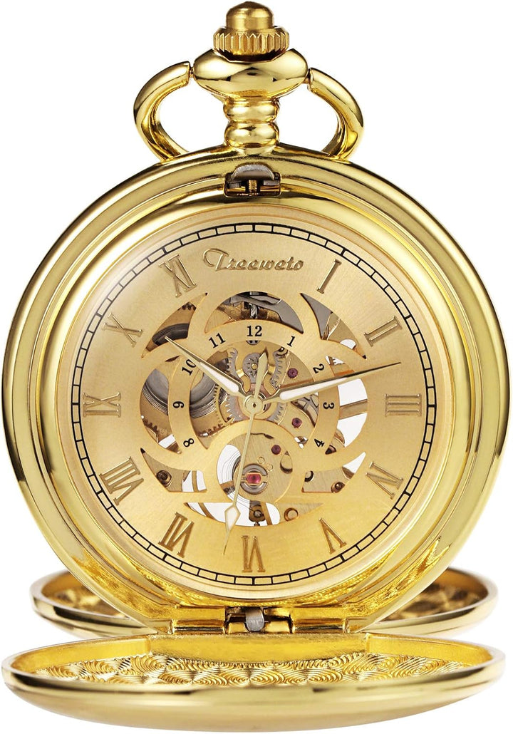 TREEWETO Taschenuhr Unisex Taschenuhr mit Kette Analog Mechanisch Handaufzug Doppelscharnier Antik R