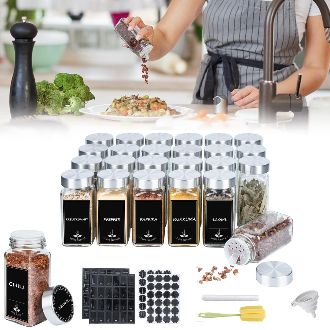 UISEBRT Gewürzgläser Eckig Set 12er Gewürzbehälter mit Etiketten Spice Jars Gewürzdosen Glas 120ML G