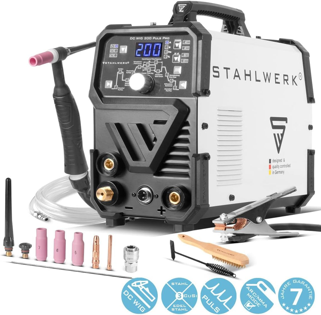 STAHLWERK DC WIG 200 Puls Pro - Digitales Profi WIG Schweissgerät mit MMA E-Hand und Pulsfunktion, f