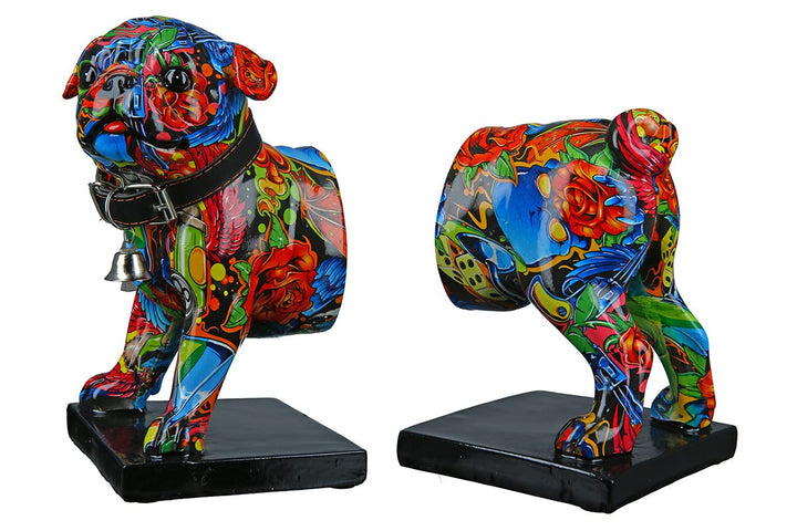 Casablanca Deko 1 Paar Buchstützen CD Ständer - Tierfigur Mops Hundefigur mit Halsband Glocke - Desi