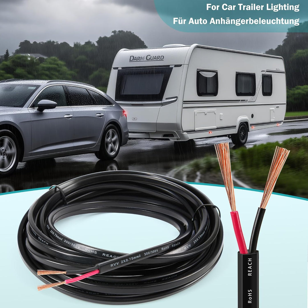 Anhängerkabel 2-adriges - 12V/24V LED-Rücklichter Verkabelung Kabel - 2x0,75mm² Kupfer KFZ Kabel für