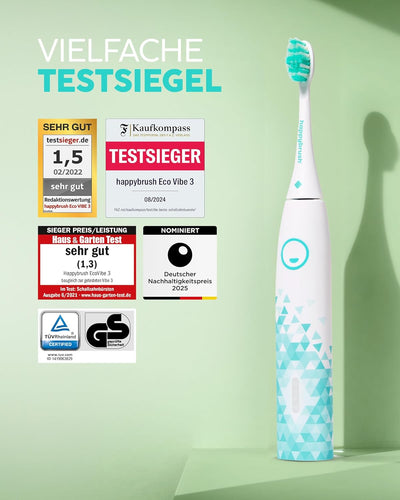 happybrush® Elektrische Schall-Zahnbürste Eco VIBE 3 - Nachhaltige Zahnbürste mit 6 Wochen Power-Akk