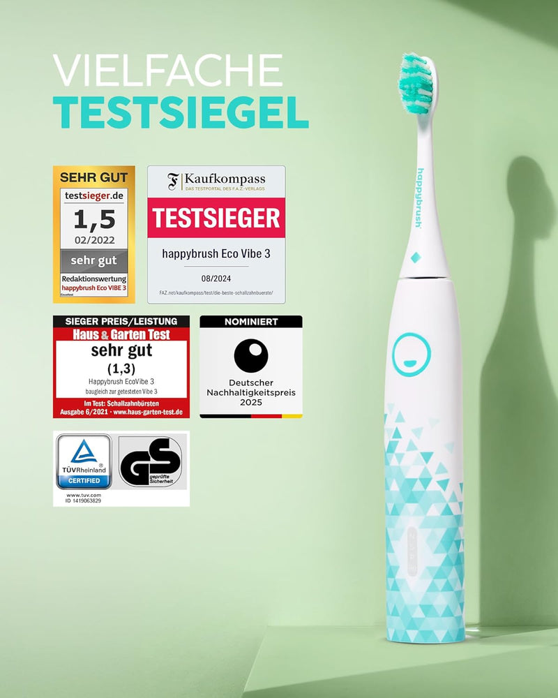 happybrush® Elektrische Schall-Zahnbürste Eco VIBE 3 - Nachhaltige Zahnbürste mit 6 Wochen Power-Akk
