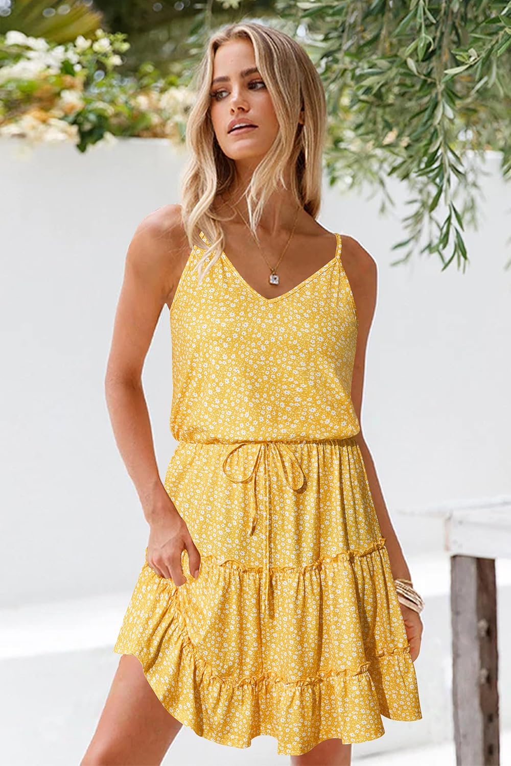 Newshows Sommerkleid Damen Knielang Spaghettiträger Kleid V-Ausschnitt Strandkleider M A1floral 02,