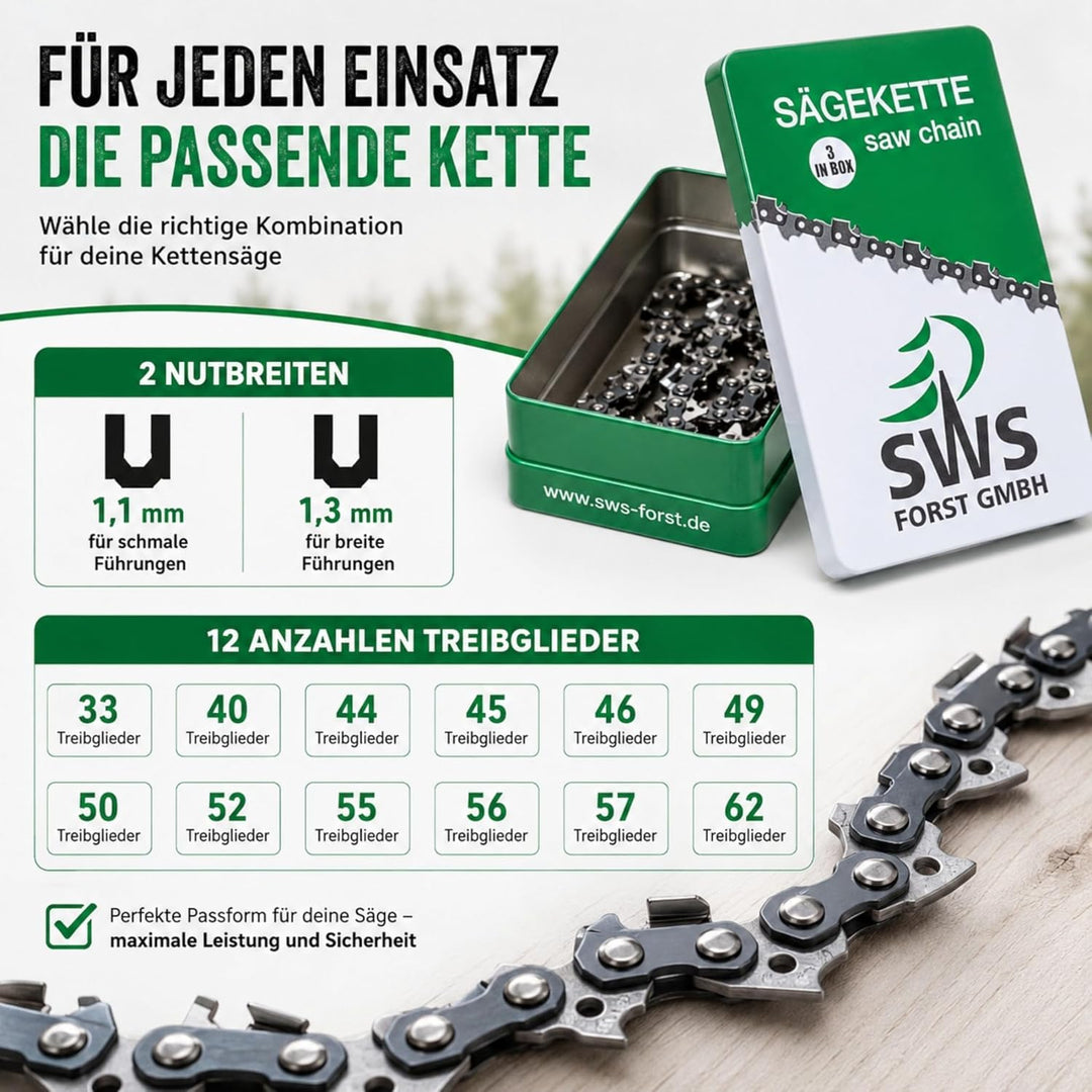 3 Stück SWS Forst Sägekette 3/8 1,3 mm Halbmeisel 57 Treibglieder kompatibel mit DOLMAR, ECHO, EINHE
