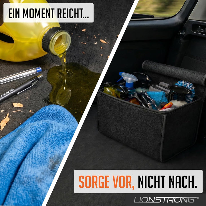 Auto Kofferraumtasche [HOCHWERTIGER FILZ] – Faltbar – Rutschfest mit Klettbändern zu befestigen – We