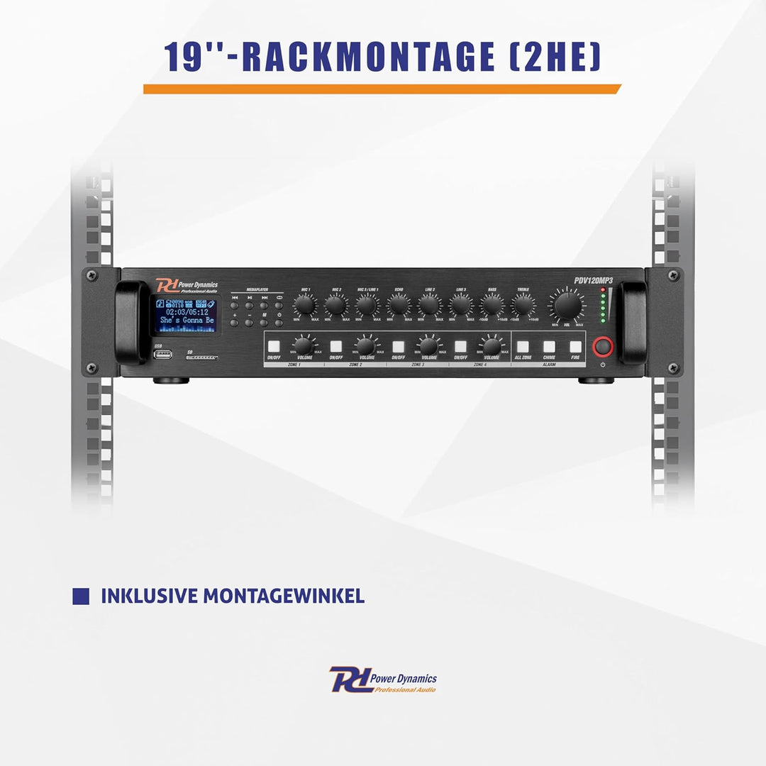 Power Dynamics PDV120MP3 4 Zonen Receiver 120 Watt, Verstärker mit Bluetooth und MP3, USB, SD, UKW R