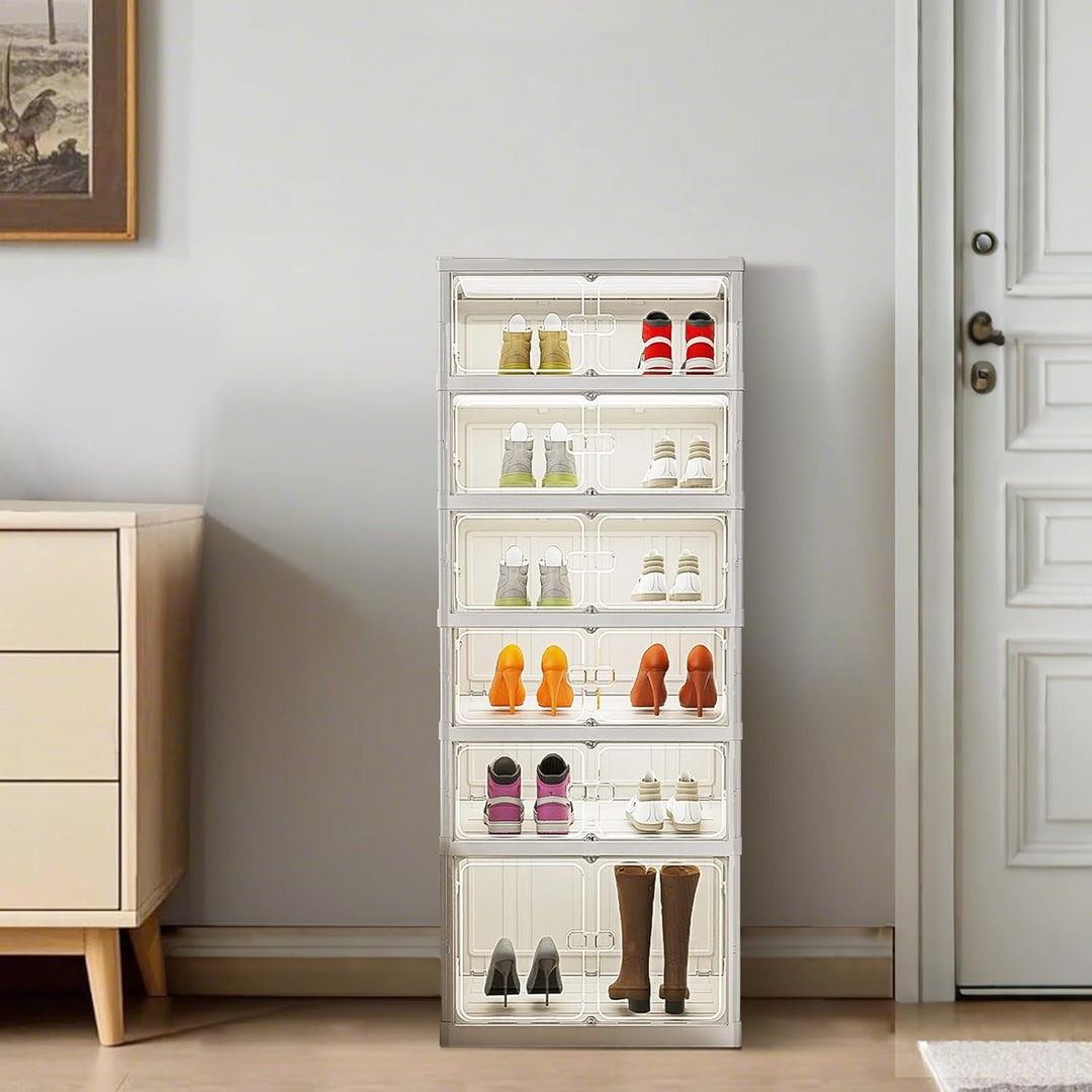 6 Etagen Schuhboxen Stapelbar Transparent - Faltbarer Schuhschrank für 12 Schuhe - Kunststoff Schuha