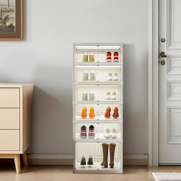 6 Etagen Schuhboxen Stapelbar Transparent - Faltbarer Schuhschrank für 12 Schuhe - Kunststoff Schuha